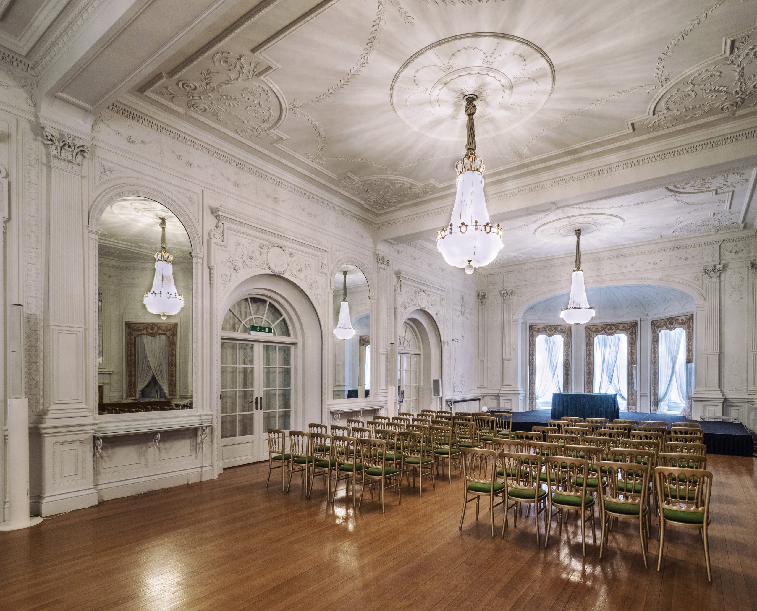 The ballroom at Farmleigh featuring Louis XVI stuccowork & chandeliers