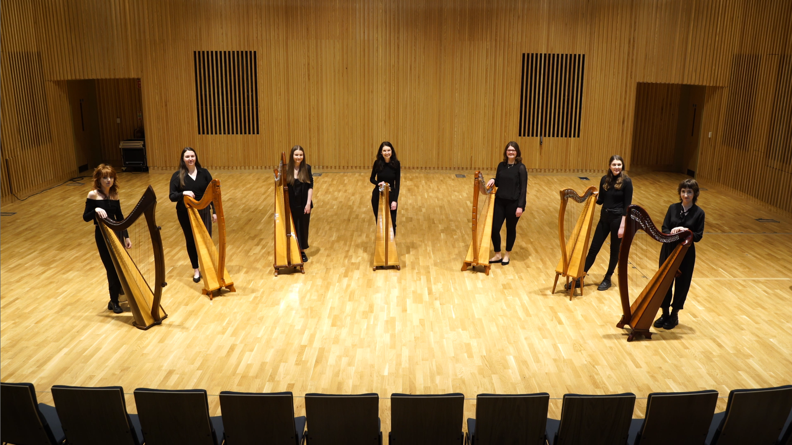 7 harp players on a stage