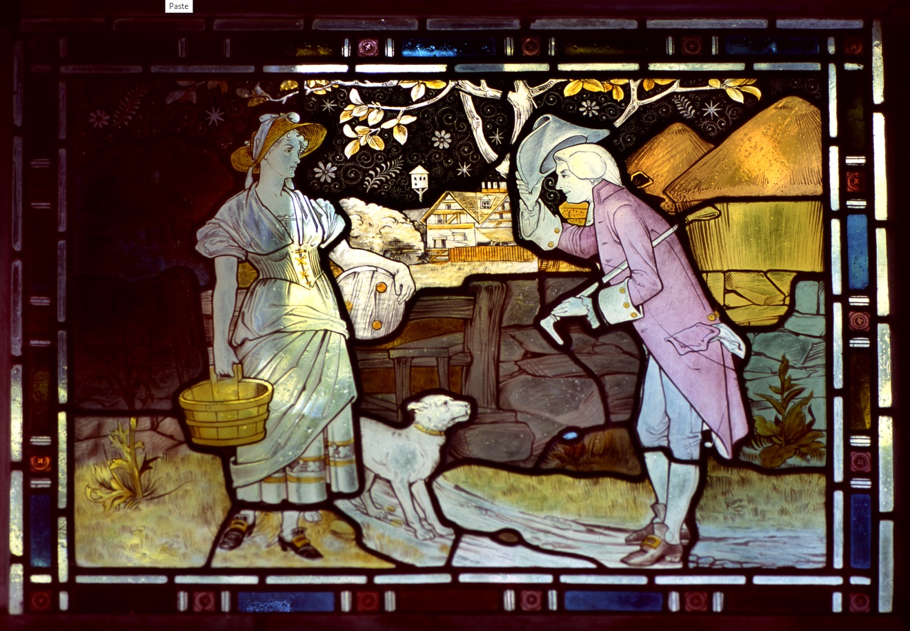 Stained glass image of lady with basket and dog being greeted by gentleman in purple jacket.